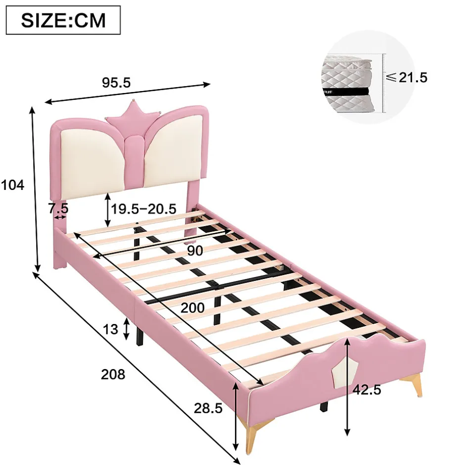Redom Lit 90x200 cm avec tête de lit en forme de couronne, tapissé PU rose et blanc, cadre métal et pieds dorés