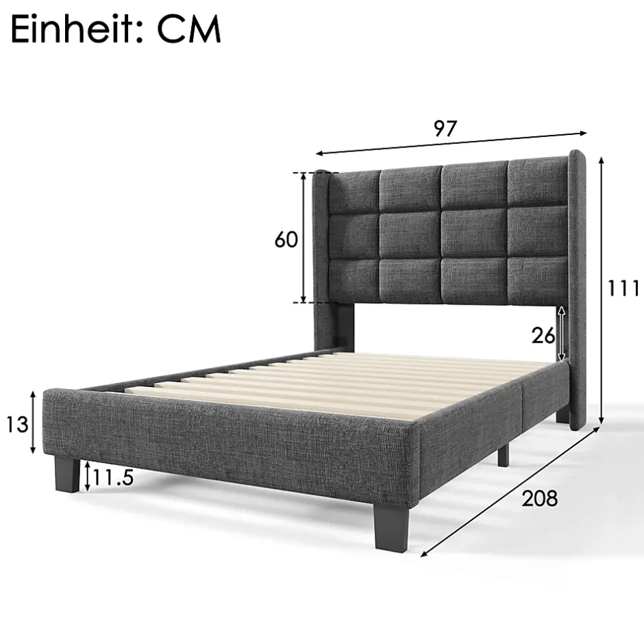 Redom Lit 90x200 cm avec tête de lit rembourrée en lin gris, sommier à lattes inclus et pieds noirs, design sobre
