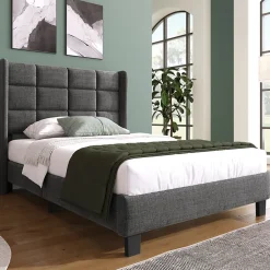 Redom Lit 90x200 cm avec tête de lit rembourrée en lin gris, sommier à lattes inclus et pieds noirs, design sobre