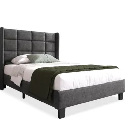 Redom Lit 90x200 cm avec tête de lit rembourrée en lin gris, sommier à lattes inclus et pieds noirs, design sobre