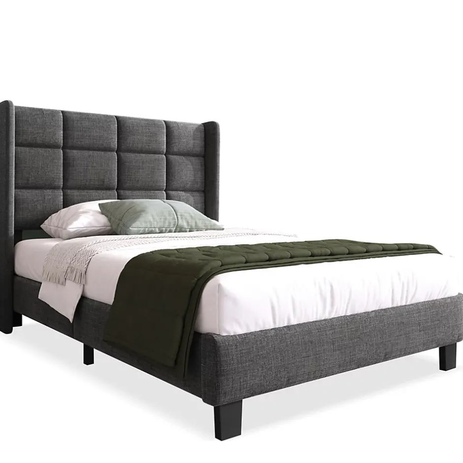 Redom Lit 90x200 cm avec tête de lit rembourrée en lin gris, sommier à lattes inclus et pieds noirs, design sobre