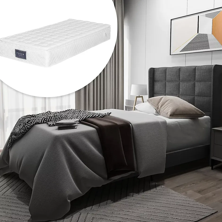 Redom Lit 90x200 cm avec tête de lit rembourrée en lin gris, sommier à lattes inclus et pieds noirs, design sobre