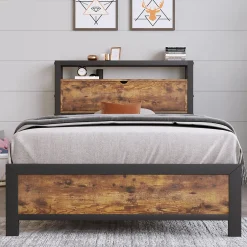 Redom Lit 90x200 cm avec tête de rangement et espace sous-lit 26,5 cm, cadre métal et panneau bois naturel