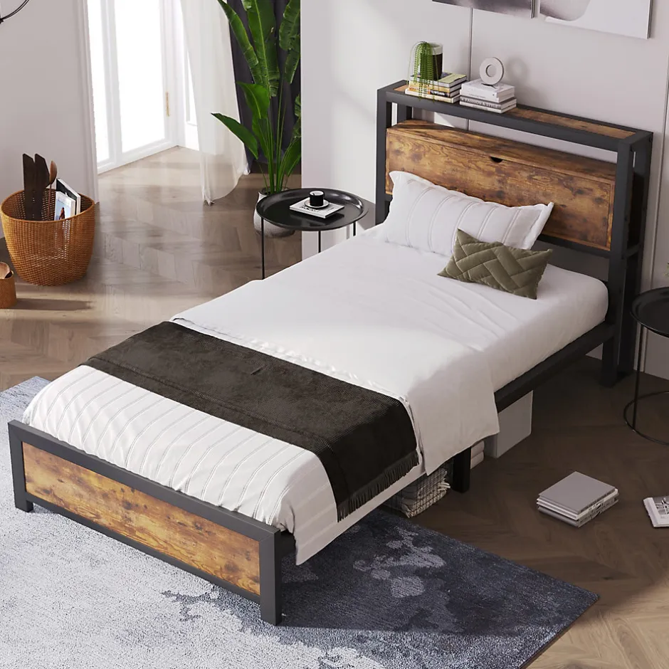 Redom Lit 90x200 cm avec tête de rangement et espace sous-lit 26,5 cm, cadre métal et panneau bois naturel