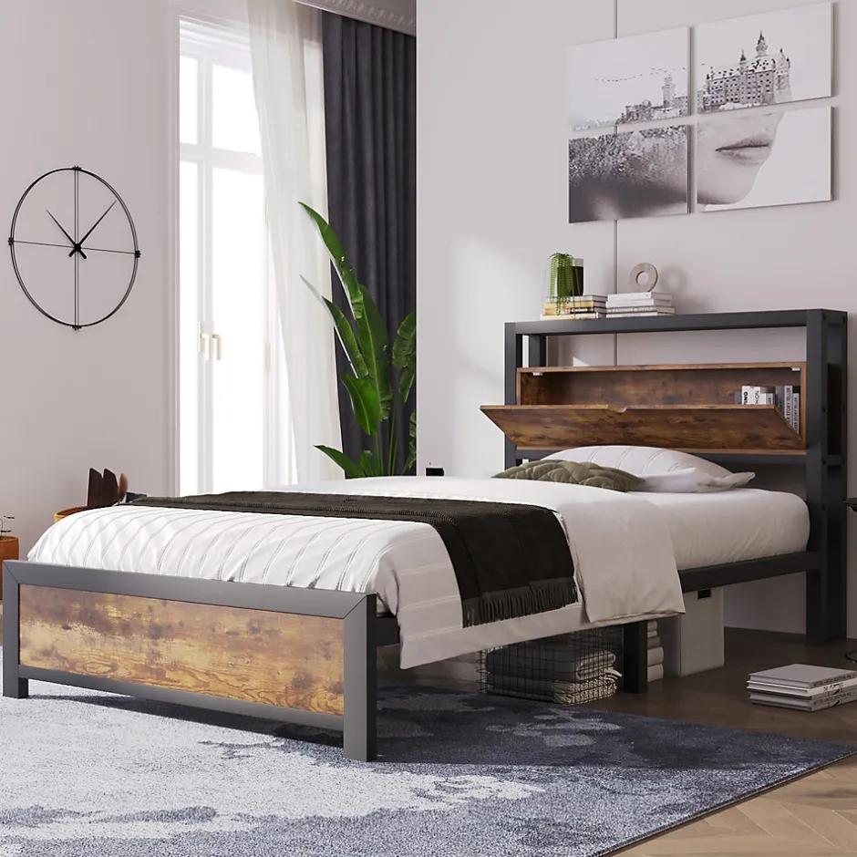 Redom Lit 90x200 cm avec tête de rangement et espace sous-lit 26,5 cm, cadre métal et panneau bois naturel