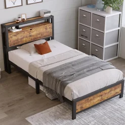 Redom Lit 90x200 cm avec tête de rangement et espace sous-lit 26,5 cm, cadre métal et panneau bois naturel