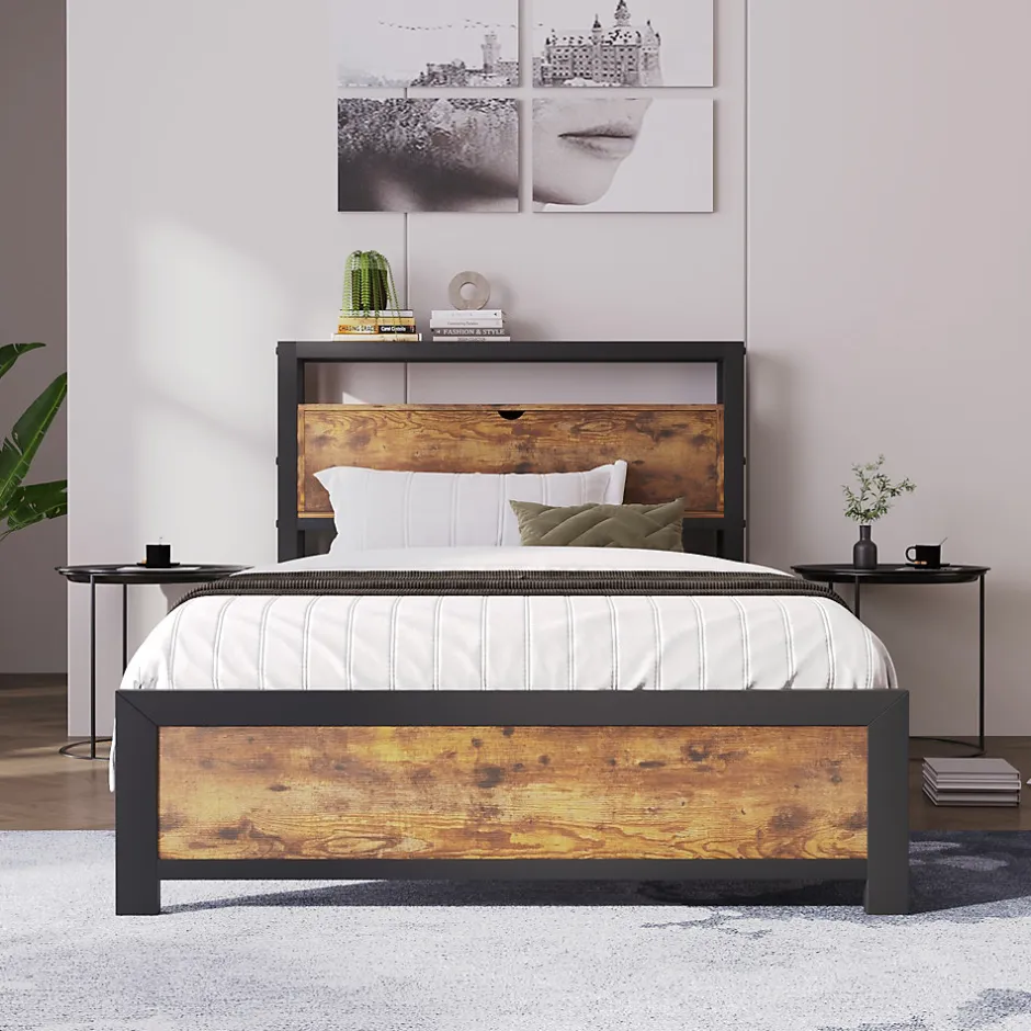 Redom Lit 90x200 cm avec tête de rangement et espace sous-lit 26,5 cm, cadre métal et panneau bois naturel