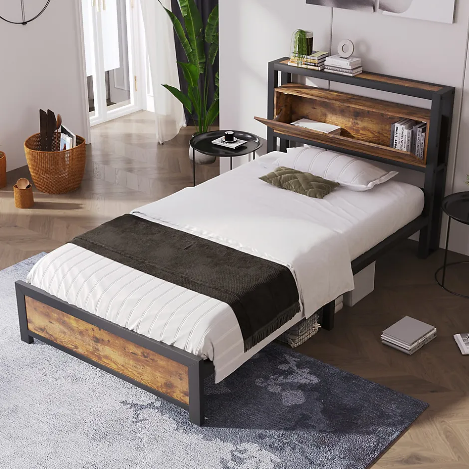 Redom Lit 90x200 cm avec tête de rangement et espace sous-lit 26,5 cm, cadre métal et panneau bois naturel