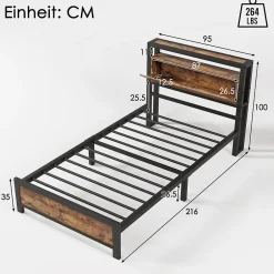 Redom Lit 90x200 cm avec tête de rangement et espace sous-lit 26,5 cm, cadre métal et panneau bois naturel