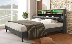 Redom Lit 140x200 cm avec tête de rangement et bande LED, cadre bois massif tapissé lin gris, rangements intégrés Clearance