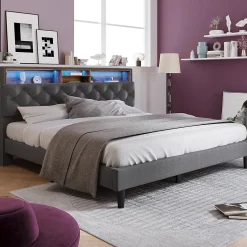 Redom Lit 140x200 cm avec tête de rangement et bande LED, cadre bois massif tapissé lin gris, rangements intégrés Clearance