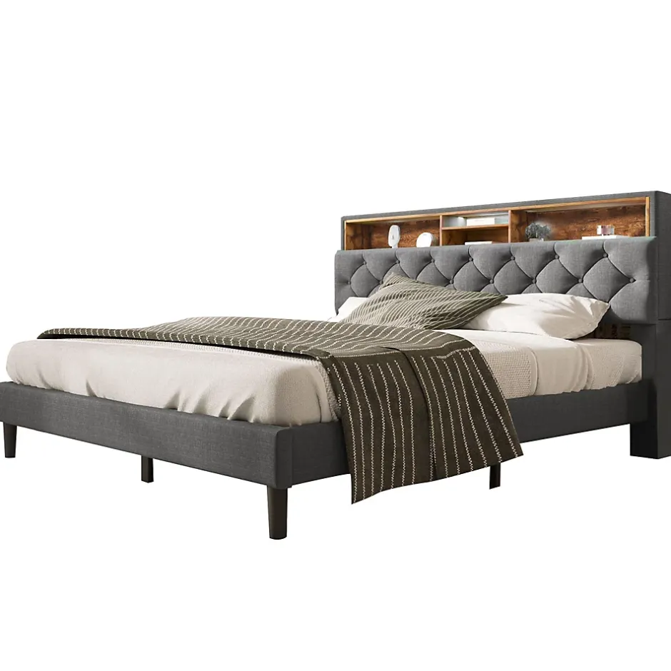 Redom Lit 140x200 cm avec tête de rangement et bande LED, cadre bois massif tapissé lin gris, rangements intégrés Clearance