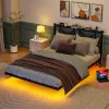 Redom Lit 140x200 cm avec tête de rangement, effet flottant et éclairage LED intégré, cadre métal noir moderne
