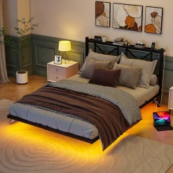Redom Lit 140x200 cm avec tête de rangement, effet flottant et éclairage LED intégré, cadre métal noir moderne
