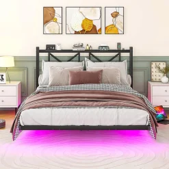 Redom Lit 140x200 cm avec tête de rangement, effet flottant et éclairage LED intégré, cadre métal noir moderne