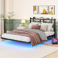 Redom Lit 140x200 cm avec tête de rangement, effet flottant et éclairage LED intégré, cadre métal noir moderne