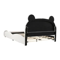 Redom Lit 140x200 cm avec tête d'ours tapissée velours blanc, cadre bois et métal pour chambre d'enfant New