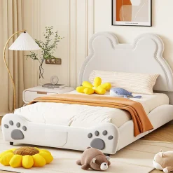 Redom Lit 140x200 cm avec tête d'ours tapissée velours blanc, cadre bois et métal pour chambre d'enfant New