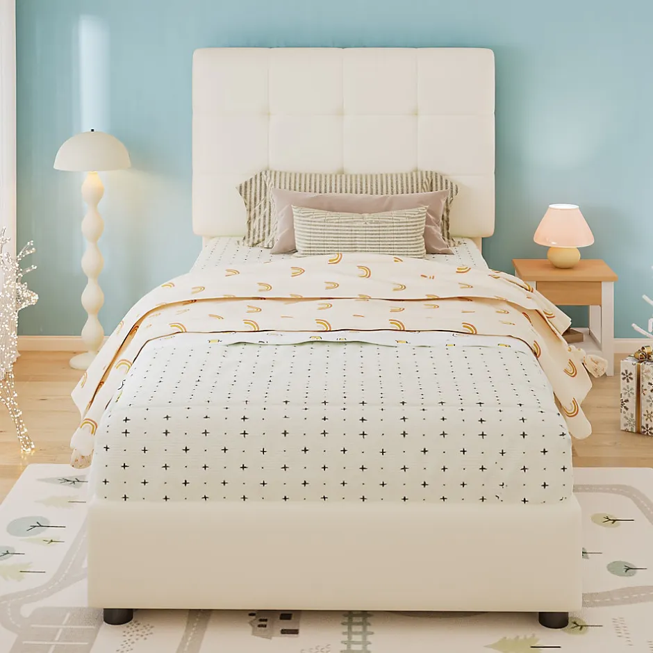 Redom Lit 90x200 cm avec tête en forme de biscuit beige, cadre PU et métal, dossier rembourré et bords mousse