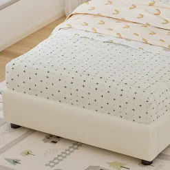 Redom Lit 90x200 cm avec tête en forme de biscuit beige, cadre PU et métal, dossier rembourré et bords mousse