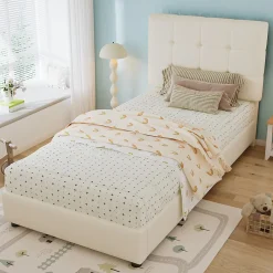 Redom Lit 90x200 cm avec tête en forme de biscuit beige, cadre PU et métal, dossier rembourré et bords mousse