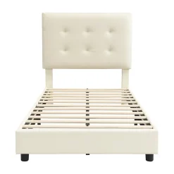 Redom Lit 90x200 cm avec tête en forme de biscuit beige, cadre PU et métal, dossier rembourré et bords mousse