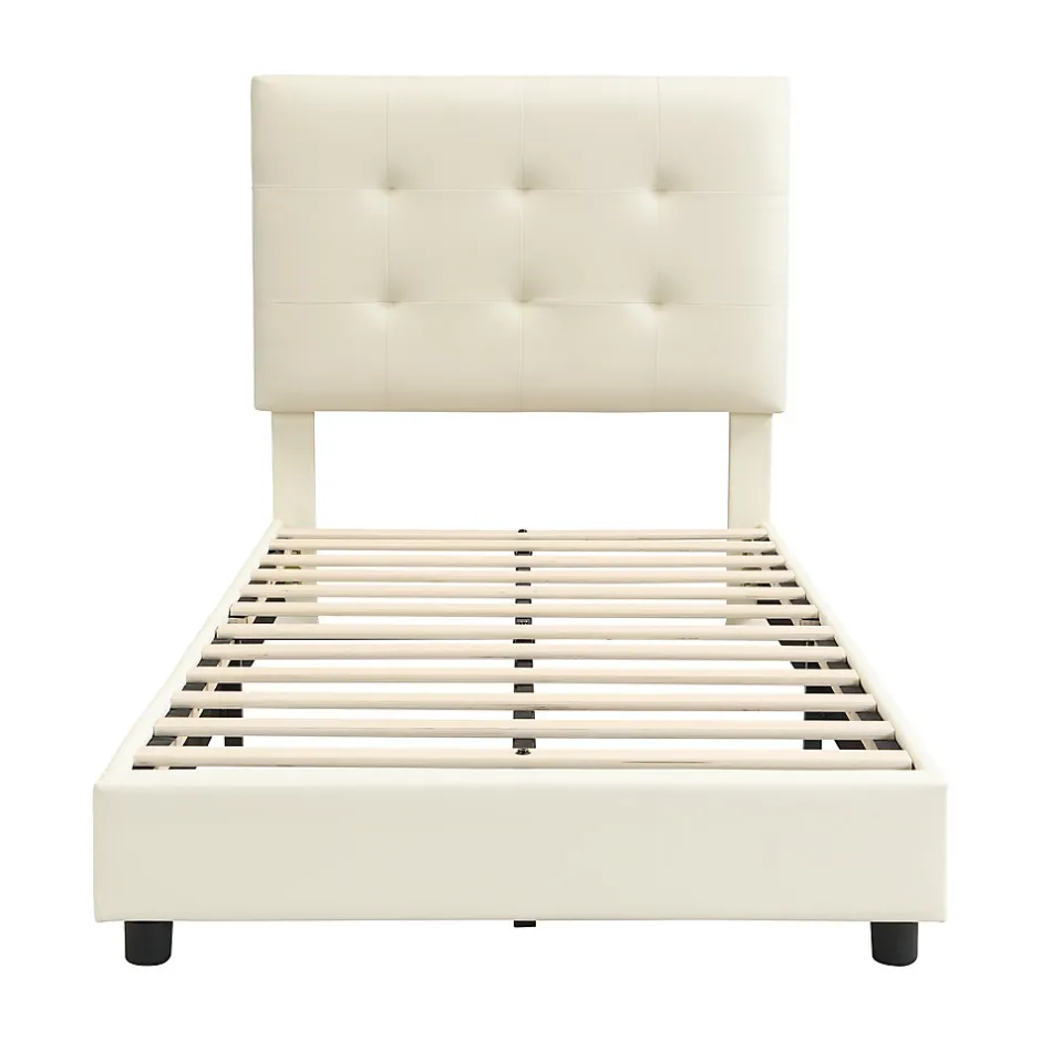 Redom Lit 90x200 cm avec tête en forme de biscuit beige, cadre PU et métal, dossier rembourré et bords mousse