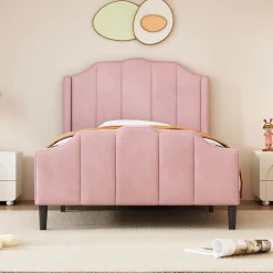 Redom Lit 90x200 cm avec tête et pied rembourrés en velours rose, cadre MDF solide et 12 lattes renforcées
