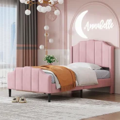 Redom Lit 90x200 cm avec tête et pied rembourrés en velours rose, cadre MDF solide et 12 lattes renforcées