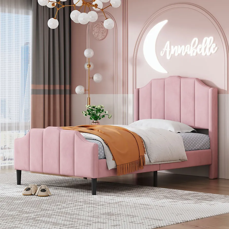 Redom Lit 90x200 cm avec tête et pied rembourrés en velours rose, cadre MDF solide et 12 lattes renforcées