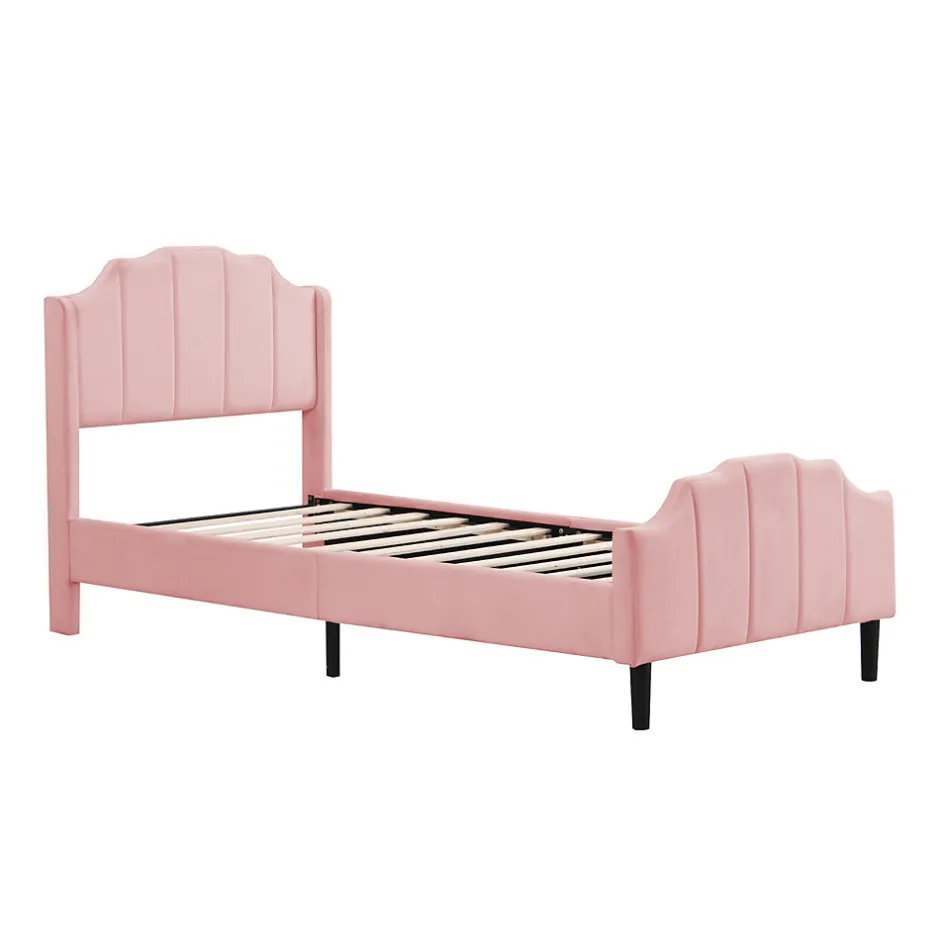 Redom Lit 90x200 cm avec tête et pied rembourrés en velours rose, cadre MDF solide et 12 lattes renforcées