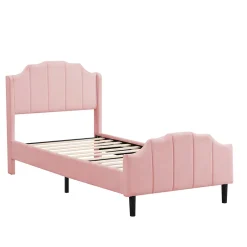 Redom Lit 90x200 cm avec tête et pied rembourrés en velours rose, cadre MDF solide et 12 lattes renforcées