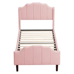 Redom Lit 90x200 cm avec tête et pied rembourrés en velours rose, cadre MDF solide et 12 lattes renforcées