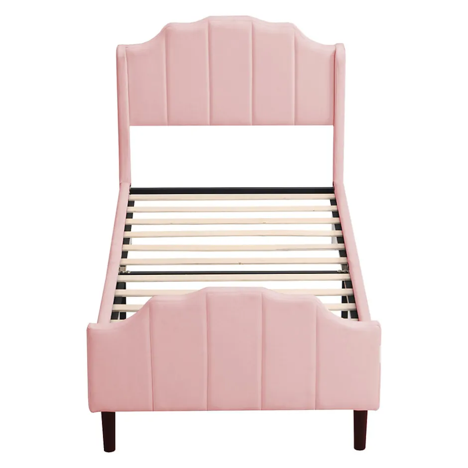 Redom Lit 90x200 cm avec tête et pied rembourrés en velours rose, cadre MDF solide et 12 lattes renforcées