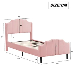 Redom Lit 90x200 cm avec tête et pied rembourrés en velours rose, cadre MDF solide et 12 lattes renforcées