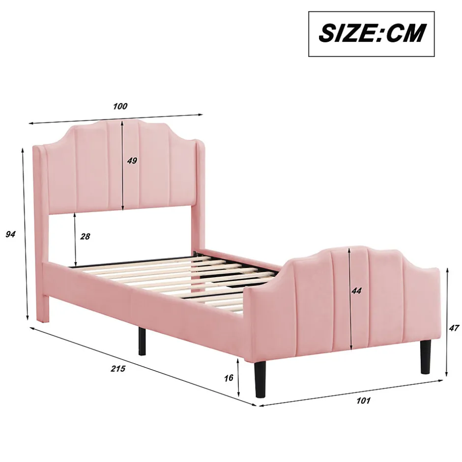 Redom Lit 90x200 cm avec tête et pied rembourrés en velours rose, cadre MDF solide et 12 lattes renforcées