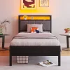 Redom Lit 90x200 cm avec tête haute rembourrée, LED intégrées et station de charge USB, cadre métal noir