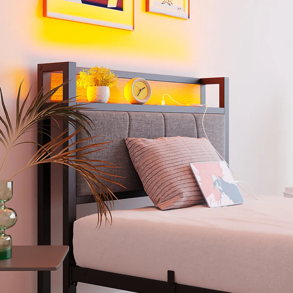Redom Lit 90x200 cm avec tête haute rembourrée, LED intégrées et station de charge USB, cadre métal noir