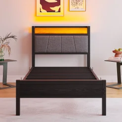 Redom Lit 90x200 cm avec tête haute rembourrée, LED intégrées et station de charge USB, cadre métal noir
