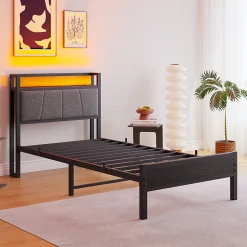 Redom Lit 90x200 cm avec tête haute rembourrée, LED intégrées et station de charge USB, cadre métal noir