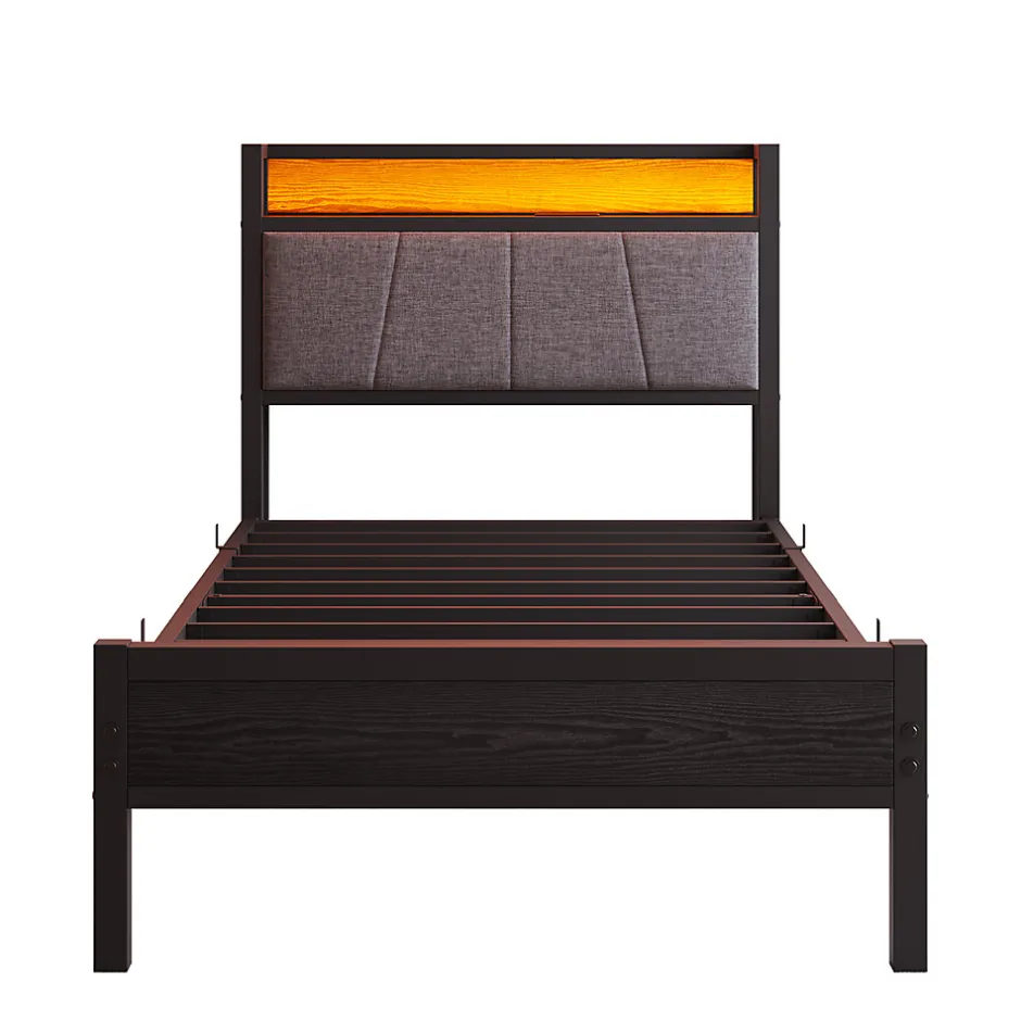 Redom Lit 90x200 cm avec tête haute rembourrée, LED intégrées et station de charge USB, cadre métal noir
