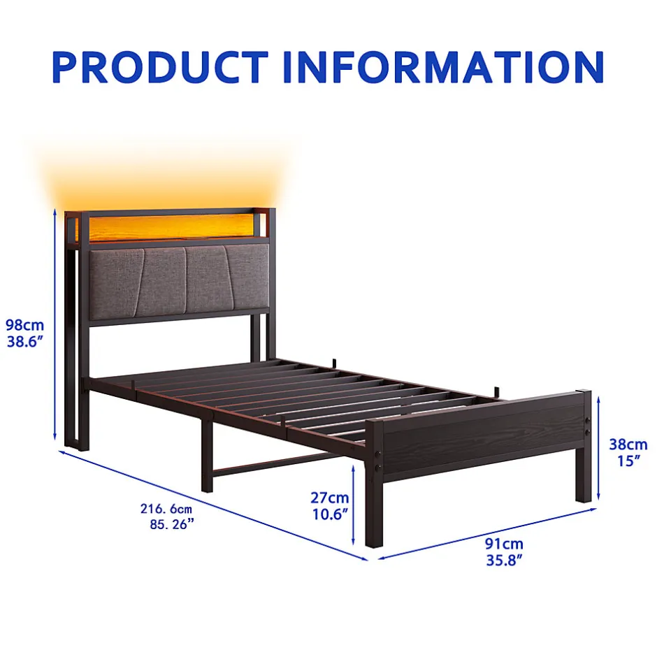Redom Lit 90x200 cm avec tête haute rembourrée, LED intégrées et station de charge USB, cadre métal noir