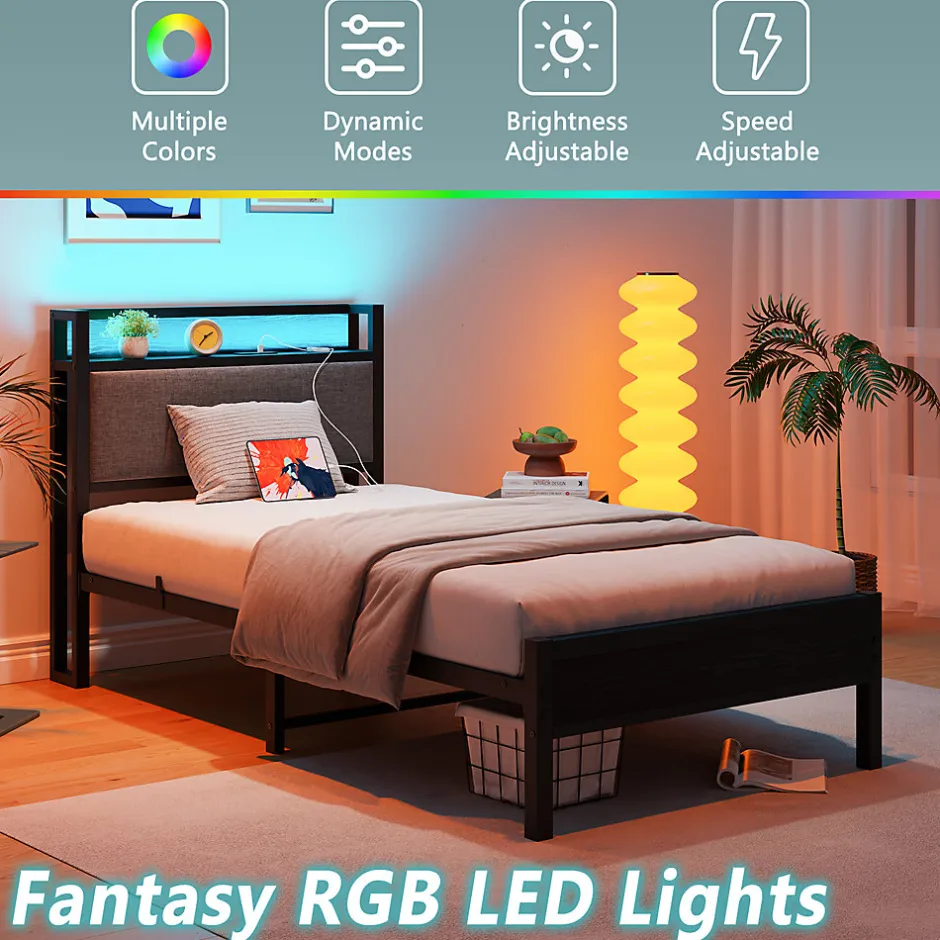 Redom Lit 90x200 cm avec tête haute rembourrée, LED intégrées et station de charge USB, cadre métal noir