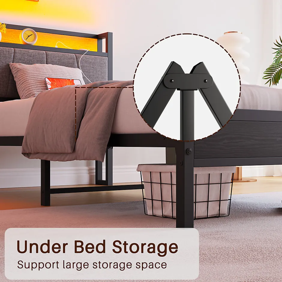 Redom Lit 90x200 cm avec tête haute rembourrée, LED intégrées et station de charge USB, cadre métal noir