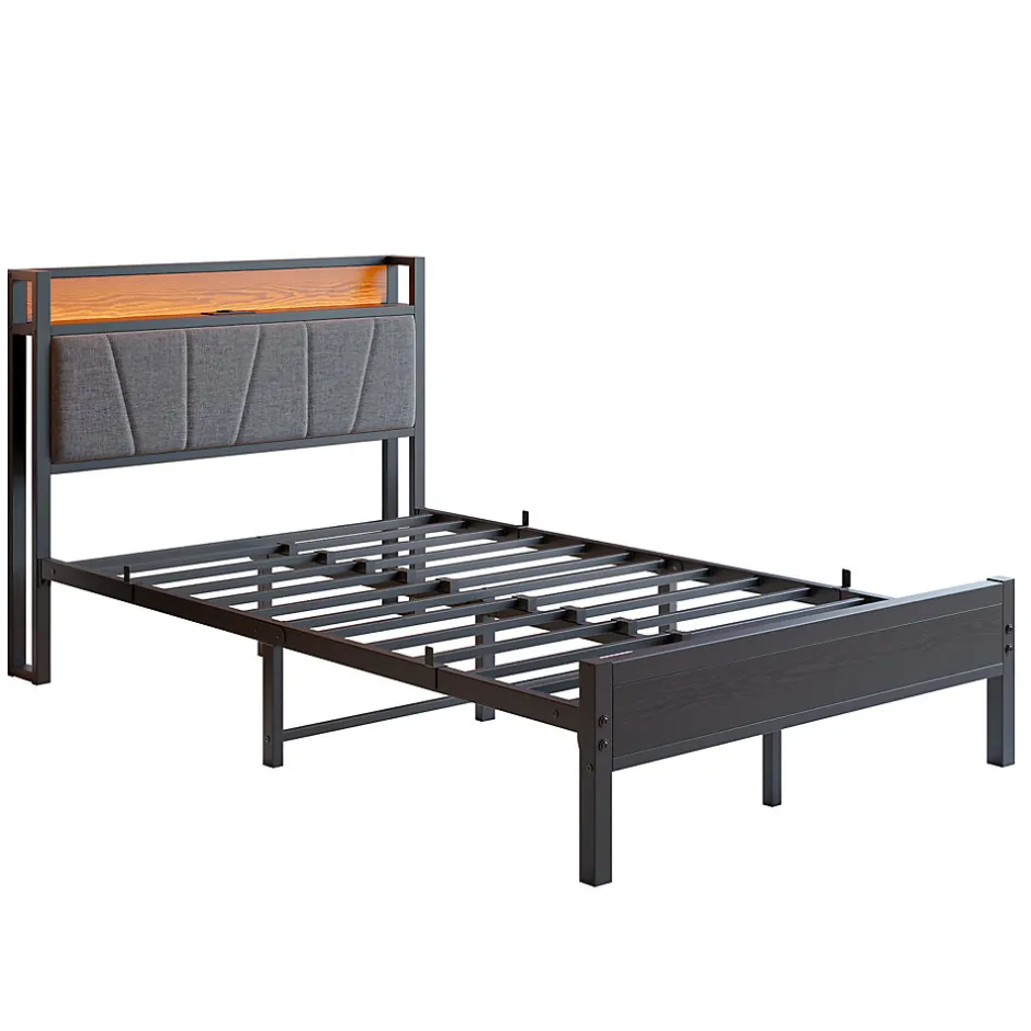 Redom Lit 120x200 cm avec tête haute rembourrée et cadre métal, LED multicolores pilotables et station USB