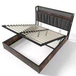 Redom Lit 180x200 cm avec tête LED RGBW, prises et ports USB intégrés, cadre métal gris et rangement sous sommier