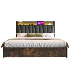 Redom Lit 180x200 cm avec tête LED RGBW, prises et ports USB intégrés, cadre métal gris et rangement sous sommier