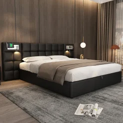 Redom Lit 180x200 cm avec tête rembourrée, rangement hydraulique, port USB et recharge sans fil, PU noir