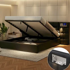 Redom Lit 180x200 cm avec tête rembourrée, rangement hydraulique, port USB et recharge sans fil, PU noir