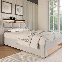 Redom Lit 90x200 cm avec tête rembourrée en lin et éclairage LED multicolore, style vintage, finitions soignées